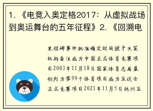 1. 《电竞入奥定格2017：从虚拟战场到奥运舞台的五年征程》2. 《回溯电竞入奥之路：2017年获国际奥委会官方认可的背后故事》